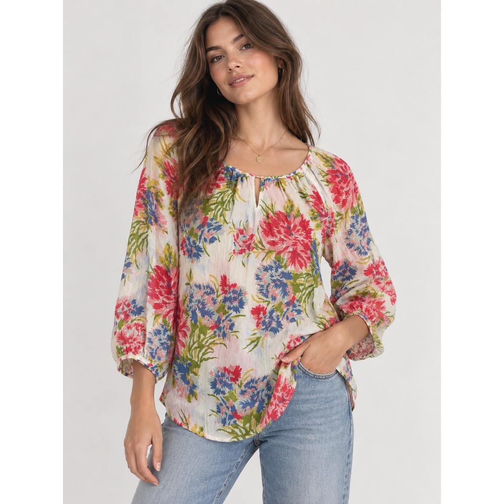 Chaps Bohemian Floral Cotton Gauze Peasant Blouse Pink Blue White Large